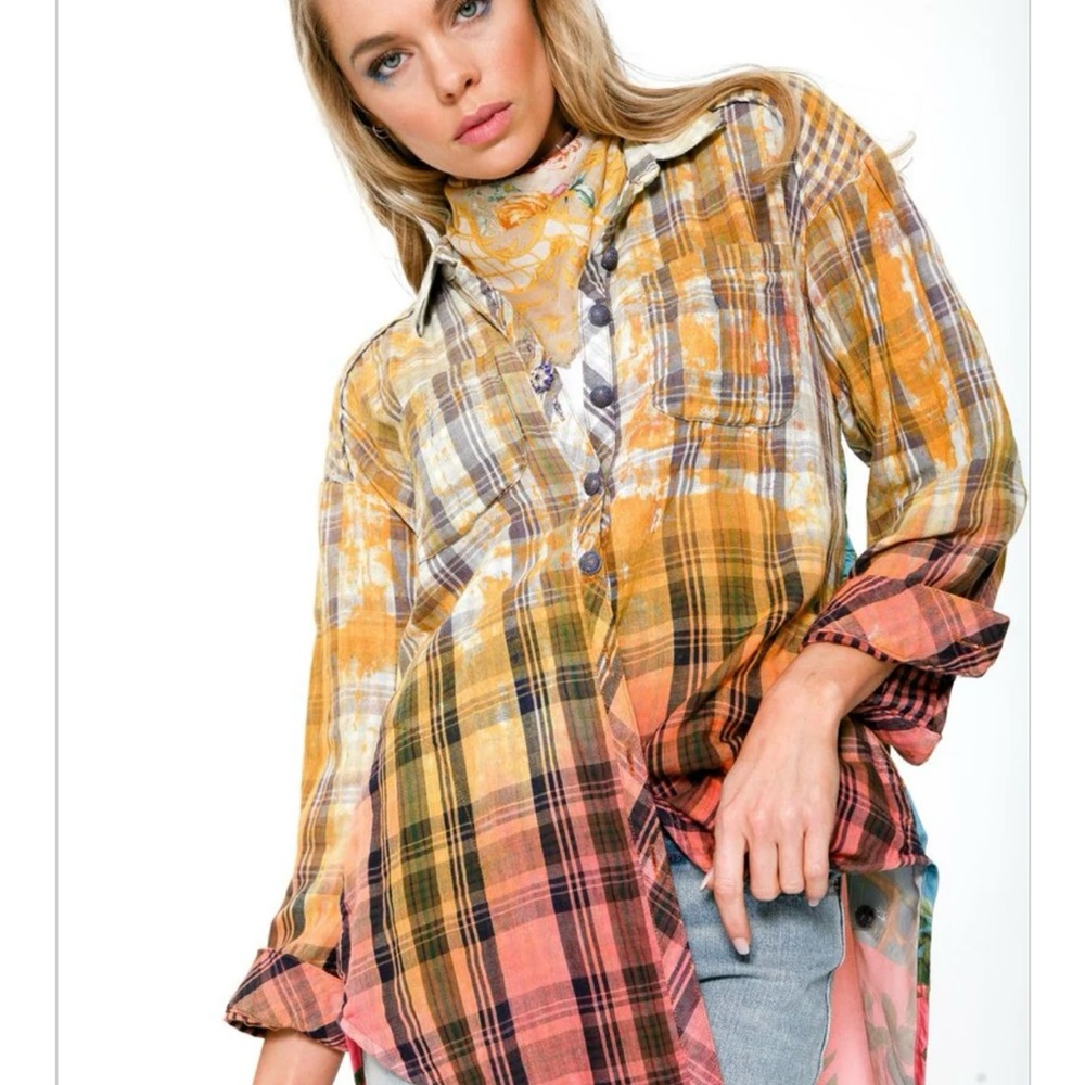 ARATTA HIBISCUS WASHED PLAID shirt with colorful bird-themed botanical print XS - Picture 2 of 16